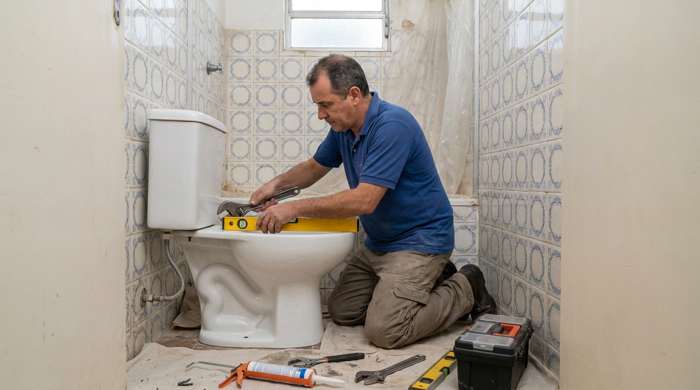 Técnico instalando vaso sanitário em Rio Branco‑AC
